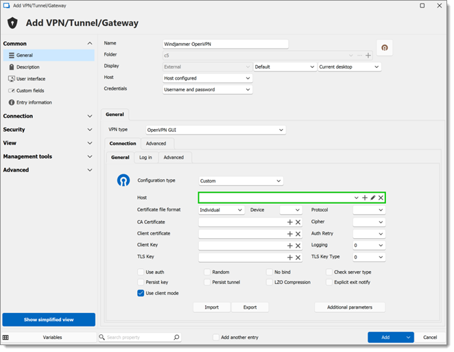 Create a new OpenVPN entry