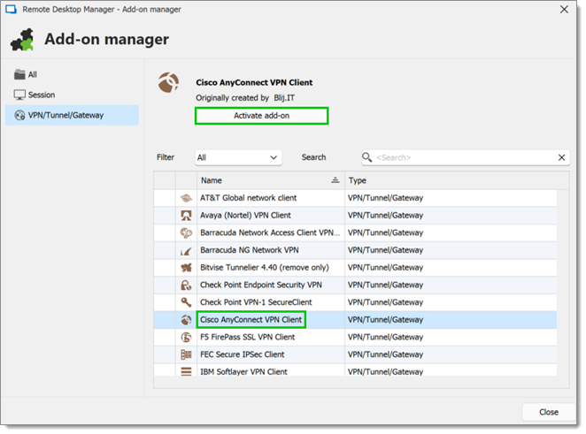 Activate Cisco AnyConnect Client in Add-on manager