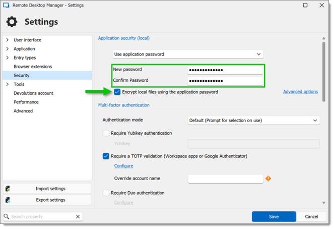 Choose application password and enable encryption