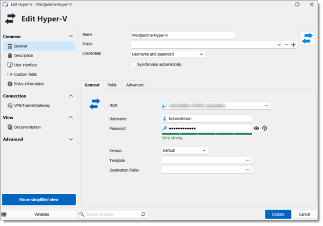 Hyper-V synchronizer entry settings