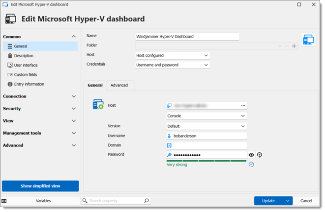 Microsoft Hyper-V dashboard entry settings