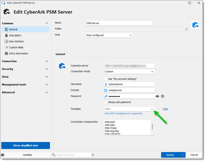 Choosing a previously created RDP template