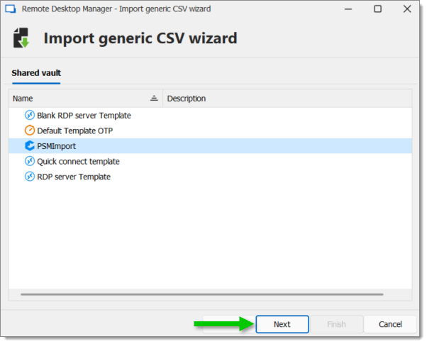 Selecting the previously created template