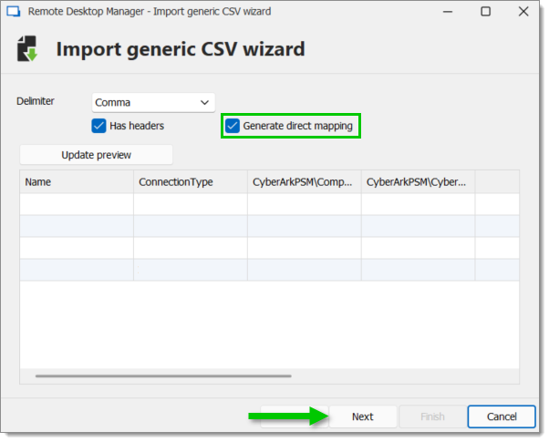 Ticking the Generate direct mapping checkbox