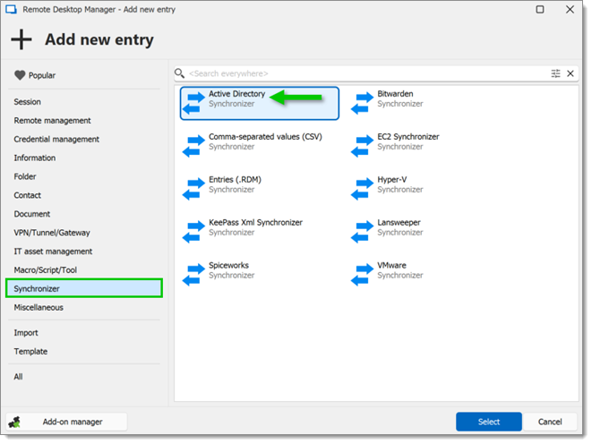 Adding an Active Directory synchronizer entry