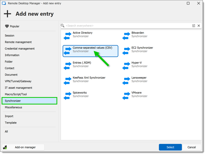 Adding a CSV synchronizer entry