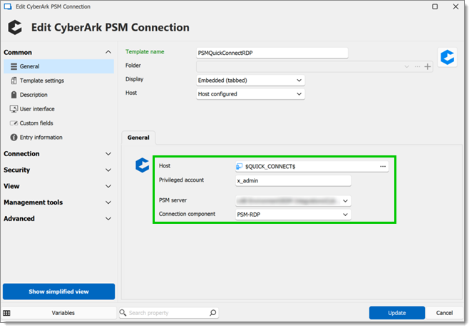 Entering PSM server and connection component into new PSM connection template