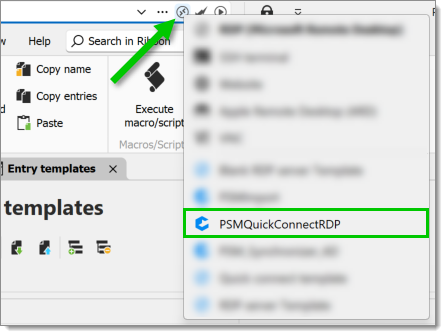 Using PSM connection template in Quick connect