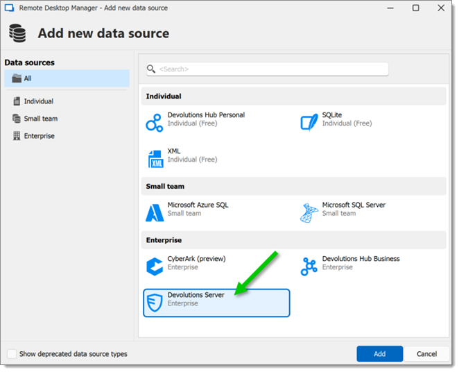 Selecting Devolutions Server data source