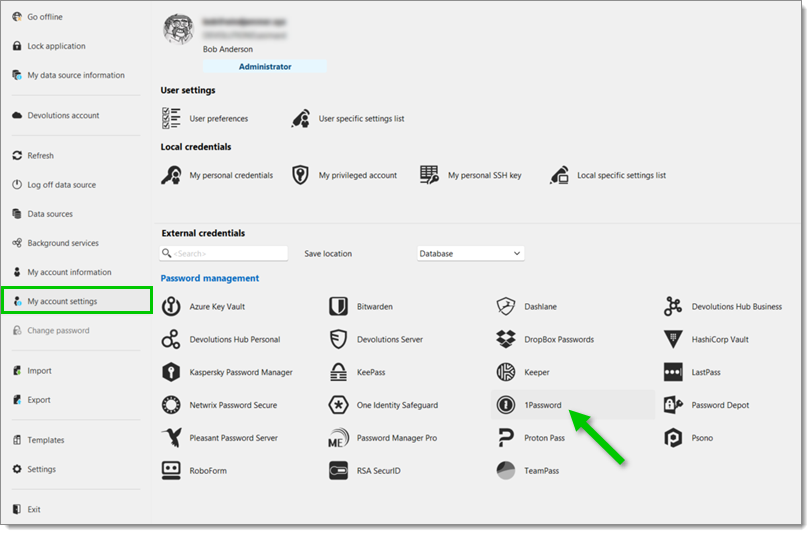 File – My account settings – External credentials – 1Password