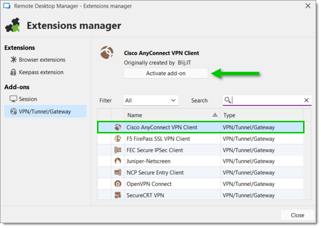 Activate Cisco AnyConnect Client in Extension  manager