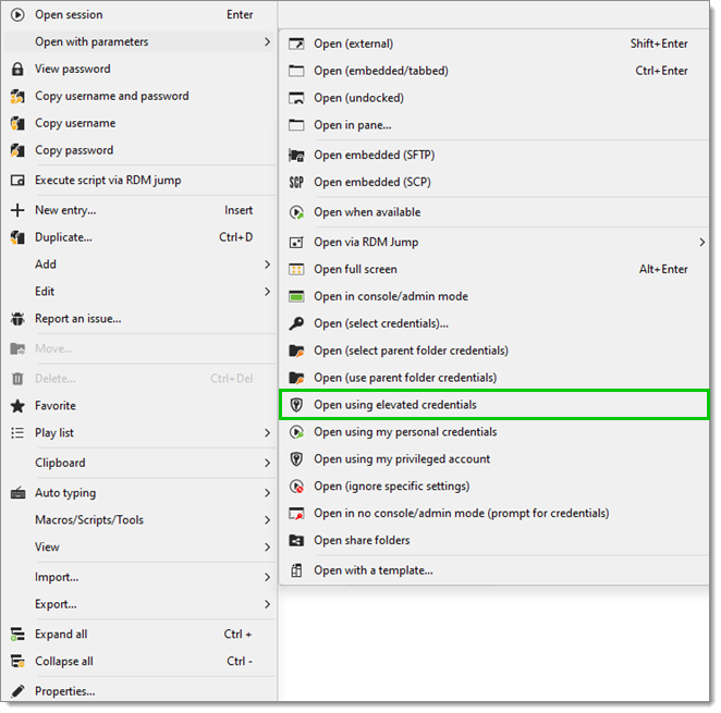 Open an entry session using elevated credentials