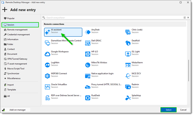 New entry – Session – Remote connections – AI assistant