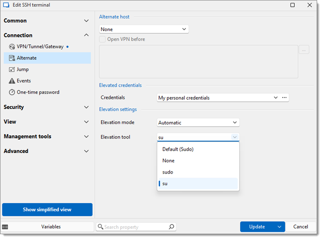 SSH Terminal-specific elevation settings