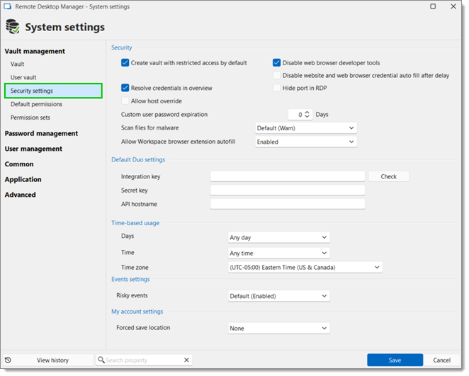Administration – System settings – management – Security settings