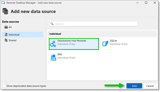 Select Devolutions Hub Personal as a new data source