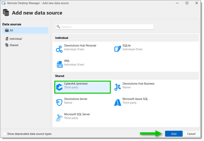 Selecting the CyberArk (Preview) data source