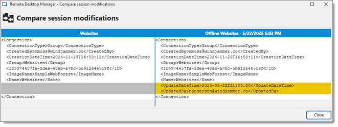 Compare session modifications window