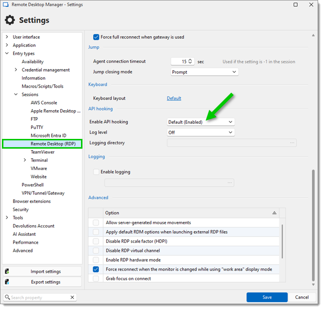 Make sure RDP API hooking is enabled in File – Settings – Entry types – Sessions – Remote Desktop (RDP)