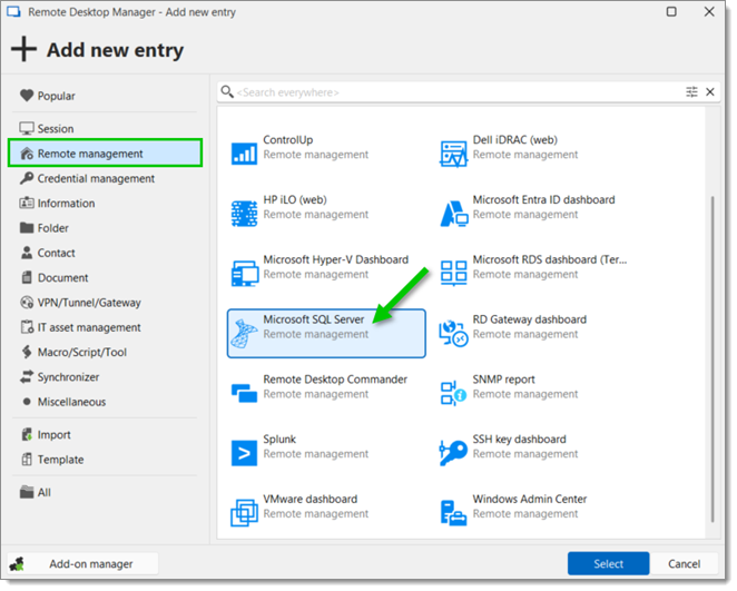 Locate the Microsoft SQL server entry, and click on Select