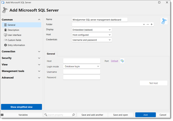 Fill the Microsoft SQL server entry's required fields