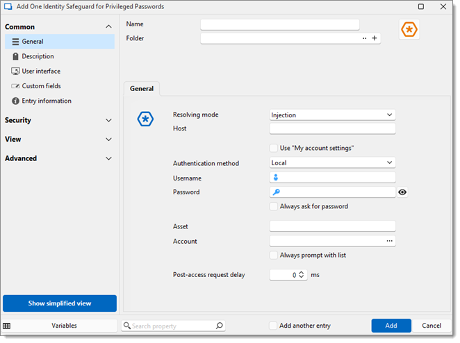 One Identity Safeguard entry configuration