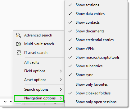 Navigation options to narrow down the search by entry type