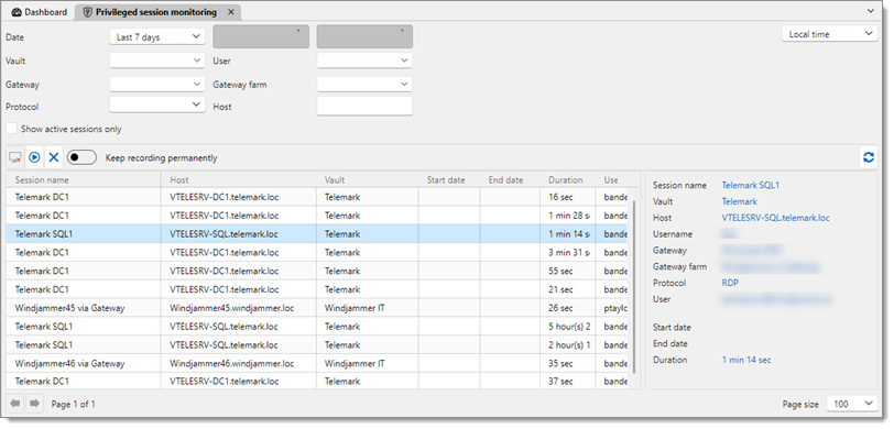 The Privileged session monitoring dashboard with various session recordings and info