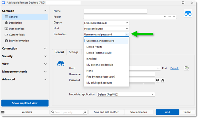 Credentials options