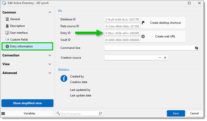 Right-click the synchronizer entry, then click on Properties – Common – Entry information to locate the entry's ID
