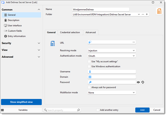 Delinea Secret Server entry settings
