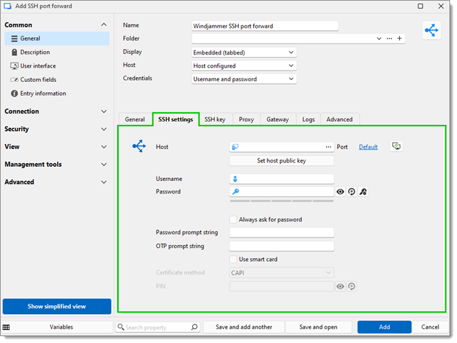 SSH port forward – SSH settings