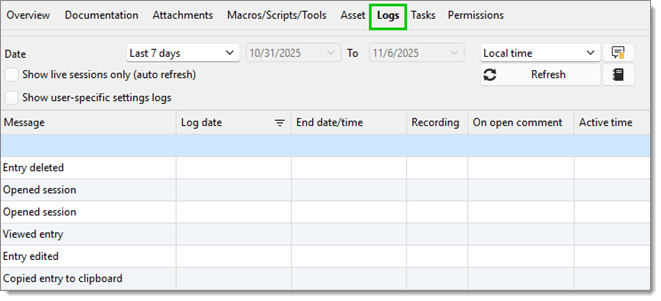 An RDP Logs tab showing a few columns
