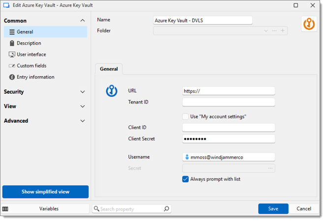 Azure Key Vault credential entry settings