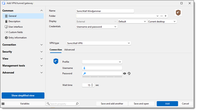 SonicWall VPN Connection settings