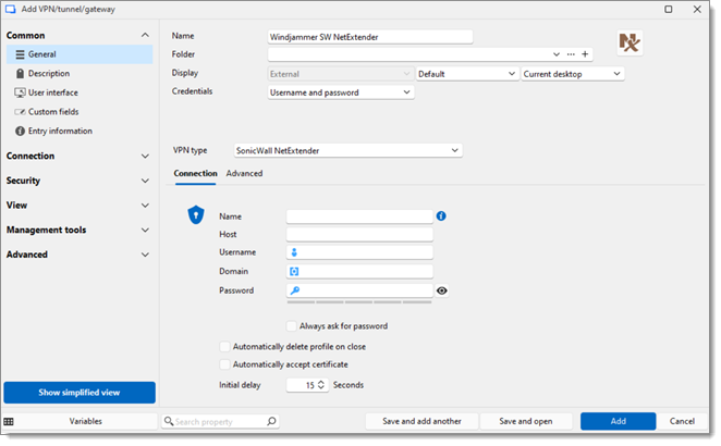 SonicWall VPN Connection settings