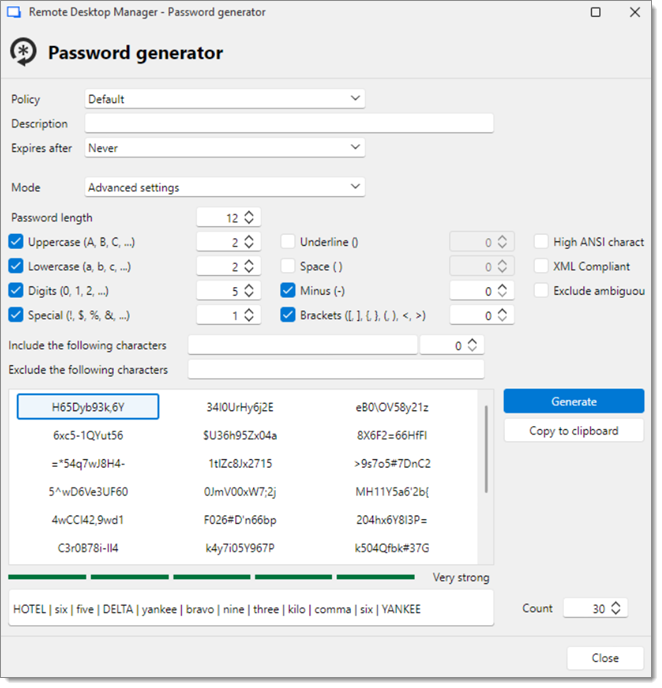 Password generator – Advanced settings