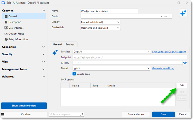 Add an MCP server in the AI assistant entry