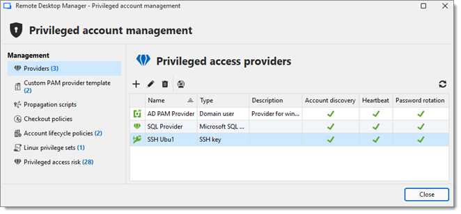 Privileged account management window in Remote Desktop Manager