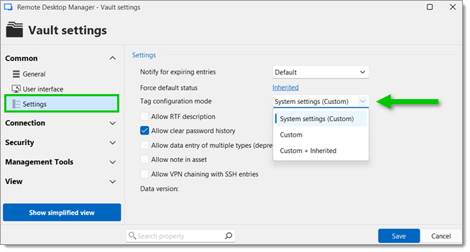 Tag configuration modes at the vault level
