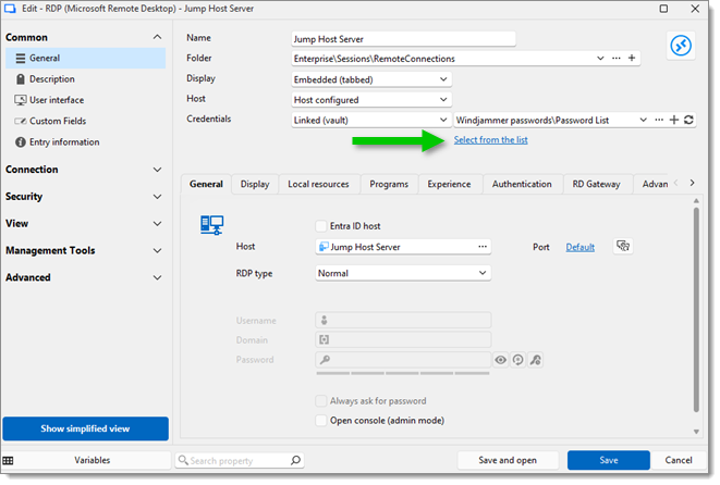The Select from list button in an RDP entry