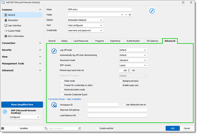 RDP entry advanced properties