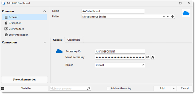 AWS dashboard entry