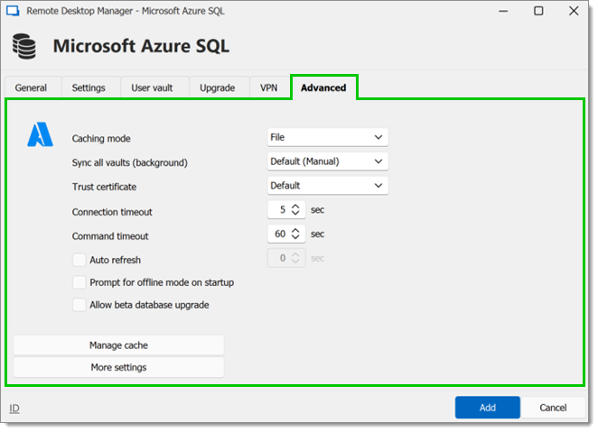 Microsoft Azure SQL - Advanced Tab