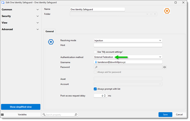 Select the Authentication method in the One Identity Safeguard entry