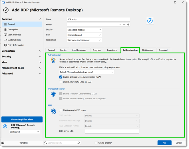 RDP entry authentication properties