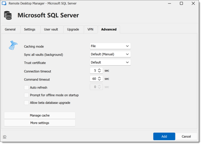 Microsoft SQL Server – Advanced tab