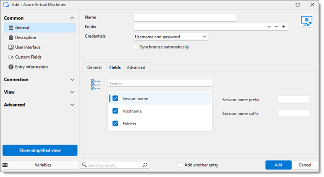 Azure Virtual Machines Fields settings