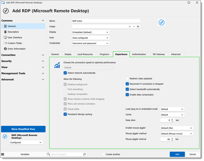 RDP entry experience properties