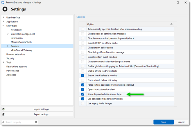 Show deprecated data source types